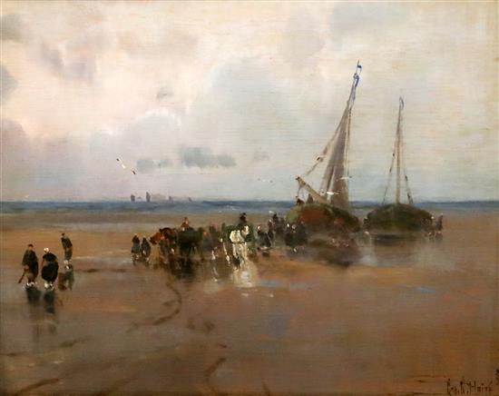 George Charles Haite (1855-1924) Fisherfolk unloading boats at low tide 11.5 x 14.5in.